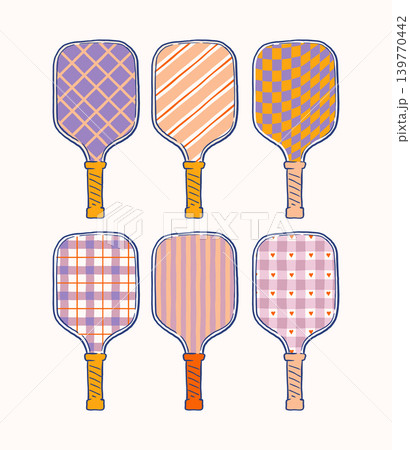 Pickleball paddle collection with pastel retro patterns. Sport and active lifestyle vintage vector Pickleball paddle collection with pastel retro patterns. Sport and active lifestyle vintage vector 139770442