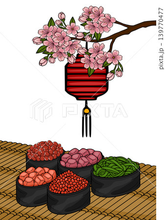 Japanese Food Poster Vector with Sushi, Lantern, and Cherry Blossoms 139770477