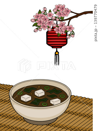 Japanese Miso Soup with Tofu and Seaweed, Sakura Blossom and Red Lantern Vector Poster Japanese Miso Soup with Tofu and Seaweed, Sakura Blossom and Red Lantern Vector Poster 139770479