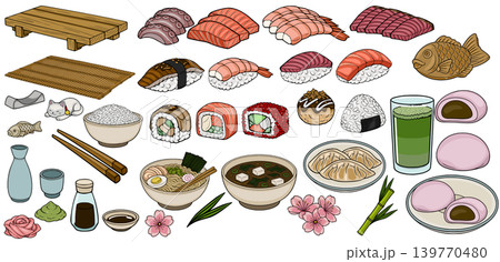 Vibrant vector illustration of a diverse Japanese food set, including sushi, ramen, mochi, and more, perfect for culinary themes. 139770480