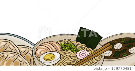 Japanese Food Banner Vector Illustration: Ramen, Gyoza, and Miso Soup Japanese Food Banner Vector Illustration: Ramen, Gyoza, and Miso Soup 139770481