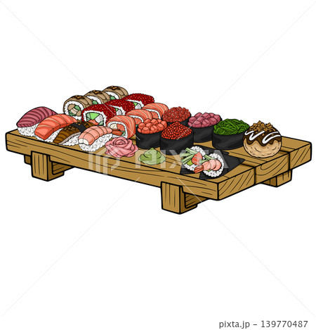 Assortment of delicious Japanese sushi and rolls on a wooden platter, vector illustration Assortment of delicious Japanese sushi and rolls on a wooden platter, vector illustration 139770487