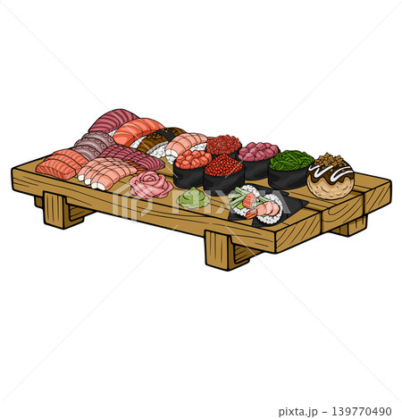 Assortment of delicious Japanese sushi and sashimi vector illustration on wooden platter Assortment of delicious Japanese sushi and sashimi vector illustration on wooden platter 139770490
