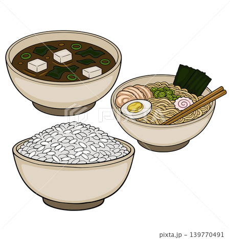 Delicious Japanese Food Vector Illustration: Ramen, Miso Soup and Rice Bowls Delicious Japanese Food Vector Illustration: Ramen, Miso Soup and Rice Bowls 139770491