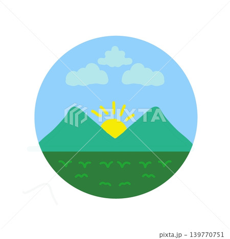 Minimalist Mountain Landscape Circle Badge Illustration. 139770751