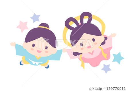 手を繋ぐ彦星と織姫のかわいいイラスト・星付き 139770911