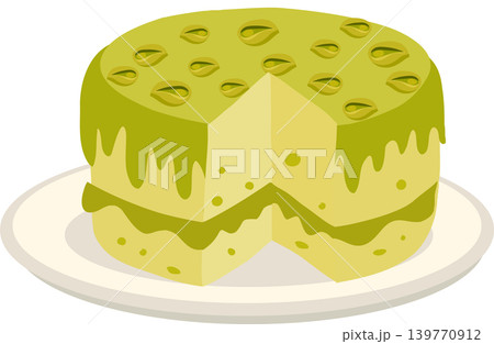 pistachio cake illustration with creamy green frosting and nut topping 139770912