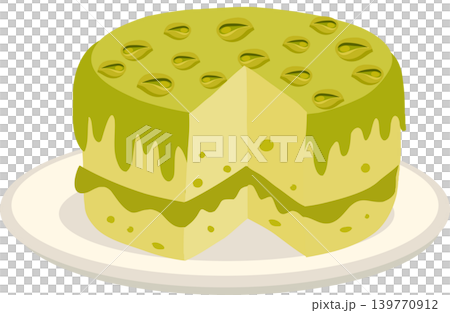 pistachio cake illustration with creamy green frosting and nut topping 139770912