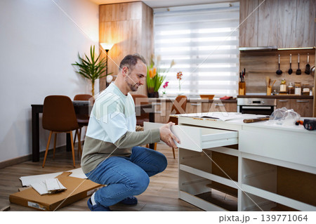 Working on assembling furniture in a modern kitchen area Working on assembling furniture in a modern kitchen area 139771064