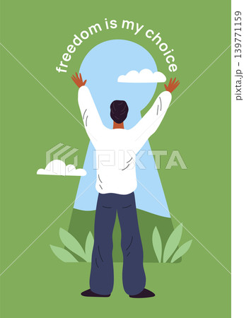 Freedom inscriptions card. Man looking through keyhole. Free choice. Guy choosing liberty and ambition. Independence decision. Released person inspiration. Motivational vector banner 139771159