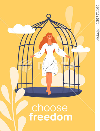 Freedom inscriptions card. Happy woman getting out of cage. Trapped girl breaks and leaves cell. Released birdcage. Free people choice. Psychology liberty. Vector motivational banner 139771160