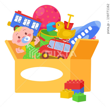 Kids toys box. Childish humanitarian aid in containers. Charity donations for toddler. Colorful dolls or cars. Shovel and bucket. Constructor blocks. Children game. Splendid vector concept 139771162