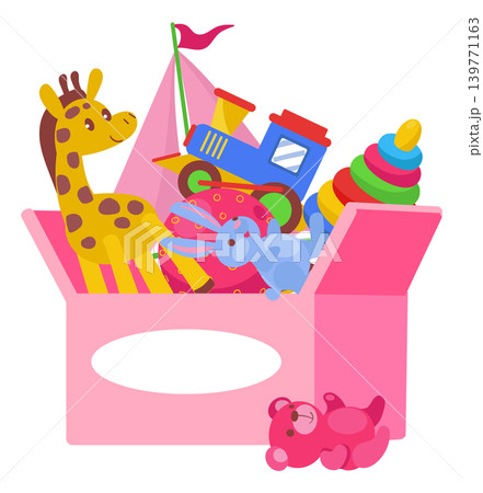 Kids toys box. Childish humanitarian aid in containers. Charity donations for toddlers. Colorful pyramids or cars. Plush animals. Train and bunny. Children game. Splendid vector concept Kids toys box. Childish humanitarian aid in containers. Charity donations for toddlers. Colorful pyramids or cars. Plush animals. Train and bunny. Children game. Splendid vector concept 139771163