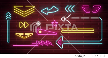 Realistic multicolored neon signs. Glow arrows. Shiny brackets and stars. Luminous shapes. Billboard 3D lamps. Lighting direction symbols. Illuminated elements vector set for advertising 139771164
