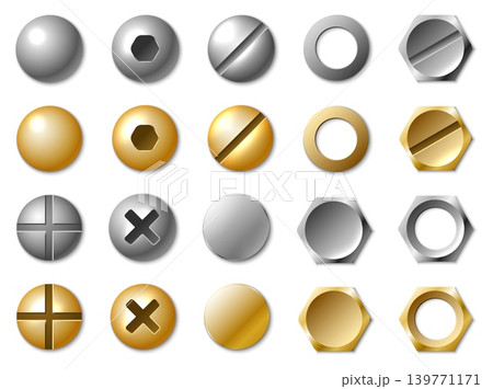 Realistic steel and gold colored fasteners. Screw and bolt heads. Various types of slots. Including straight and cross shaped. Round and hexagon tops. Vector isolated fastenings set Realistic steel and gold colored fasteners. Screw and bolt heads. Various types of slots. Including straight and cross shaped. Round and hexagon tops. Vector isolated fastenings set 139771171