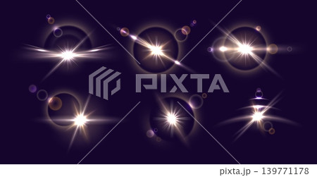Realistic sun glare. Abstract optical flare. Shining rays. Circular flash of light. Bokeh glints. Eclipse with star twinkles. Universe spotlight reflection. Vector starlight radiance set 139771178