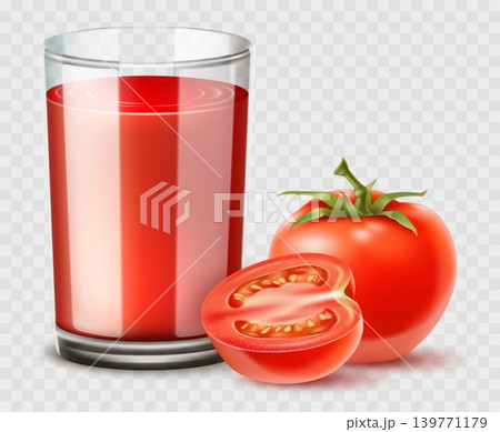 Realistic tomato juice. Natural red ripe vegetable drink. Healthy raw product. 3D full glass on transparent background. Whole and sliced fruits. Vegetarian fresh. Vector isolated object Realistic tomato juice. Natural red ripe vegetable drink. Healthy raw product. 3D full glass on transparent background. Whole and sliced fruits. Vegetarian fresh. Vector isolated object 139771179
