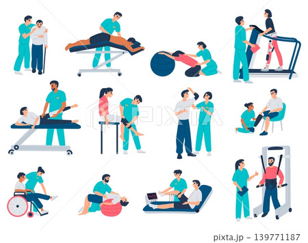 Rehabilitation of patients under physical therapists supervision. Restore joint mobility and strengthen their muscles. Disability treatment. Massage and training. Medical vector set 139771187