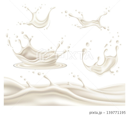 Splashes of milk. Realistic depiction of white, creamy liquid and droplets of various shapes. Healthy drink drops. Wave of yogurt. Dairy flow. Milky splashing. Vector fluid elements set 139771195