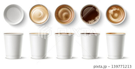 To go coffee cups. Realistic paper glasses for hot beverages. Mockups of disposable cardboard mugs for cappuccino, espresso and latte. Tableware top and side view. Vector coffeehouse set 139771213
