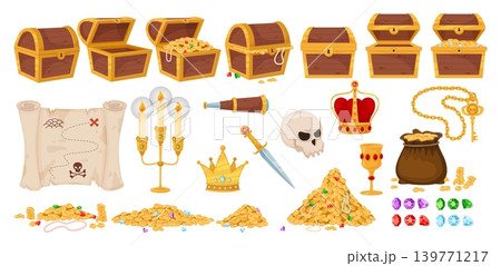 Treasure chest. Open or closed wooden boxes filled with gold coins and diamonds. Corsair map. Empty and full medieval crates containing precious stones. Pirate wealth vector elements set Treasure chest. Open or closed wooden boxes filled with gold coins and diamonds. Corsair map. Empty and full medieval crates containing precious stones. Pirate wealth vector elements set 139771217