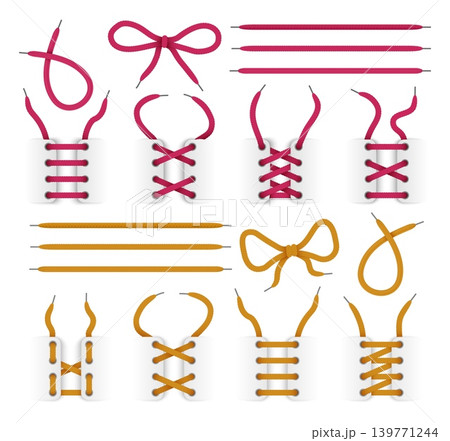 Tying shoelaces. Realistic braided laces tied in various ways. Different threads join methods. Crisscross or zigzag lacing. Ribbons with eyelets. Vector footwear cords positions set 139771244
