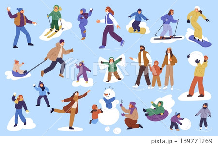 Winter family activities outdoors. People having snowball fights. Ice skating, skiing and snowboarding. Happy parents with children. Kids making snowman. Wintertime games vector set Winter family activities outdoors. People having snowball fights. Ice skating, skiing and snowboarding. Happy parents with children. Kids making snowman. Wintertime games vector set 139771269