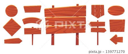 Wooden planks. Rustic retro style road signs. Vintage blank billboards. Cartoon signboards. Wood banners with textured panel. Directional arrow pointers. Vector hardwood signposts set Wooden planks. Rustic retro style road signs. Vintage blank billboards. Cartoon signboards. Wood banners with textured panel. Directional arrow pointers. Vector hardwood signposts set 139771270