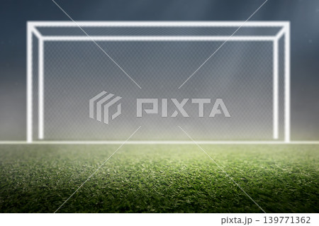 A glowing white soccer goal post stands on a lush green grass field under night stadium lights, creating an atmosphere of anticipation and sport achievement A glowing white soccer goal post stands on a lush green grass field under night stadium lights, creating an atmosphere of anticipation and sport achievement 139771362
