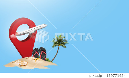 A creative illustration featuring a red map pointer, an airplane, and a tropical sand island with a palm tree and flip-flops, symbolizing world travel and dream vacations A creative illustration featuring a red map pointer, an airplane, and a tropical sand island with a palm tree and flip-flops, symbolizing world travel and dream vacations 139771424