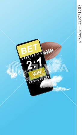 A smartphone displaying a sports betting application with winning odds and an American football floating against a blue sky background with clouds A smartphone displaying a sports betting application with winning odds and an American football floating against a blue sky background with clouds 139771587