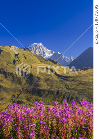 Landscape near Col du Petit-Saint-Bernard with Mont Blanc, on border France and Italy Landscape near Col du Petit-Saint-Bernard with Mont Blanc, on border France and Italy 139771695