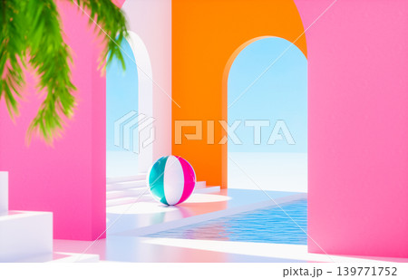 Abstract summer background with modern architecture and swimming pool, 3D rendering. Abstract summer background with modern architecture and swimming pool, 3D rendering. 139771752