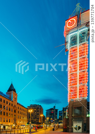 Oslo Central Station clock tower at night Oslo Central Station clock tower at night 139771784