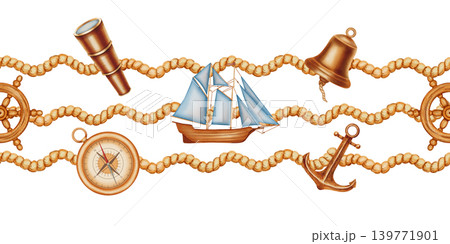 Seamless watercolor nautical border with sailboat, compass, telescope and bell. Children's, nautical, travel themes. Suitable for design, prints, postcards, sea travel Seamless watercolor nautical border with sailboat, compass, telescope and bell. Children's, nautical, travel themes. Suitable for design, prints, postcards, sea travel 139771901