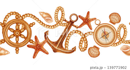 Nautical watercolor seamless border with anchor, vintage compass, steering wheel, and starfish. Children's, nautical, travel themes. Suitable for design, prints, postcards, sea travel 139771902