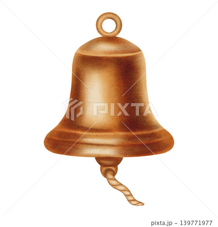 Watercolor illustration of a vintage brass ship's bell with a rope. Nautical bell. Children's, nautical, and travel themes. Suitable for design, prints, postcards, sea travel Watercolor illustration of a vintage brass ship's bell with a rope. Nautical bell. Children's, nautical, and travel themes. Suitable for design, prints, postcards, sea travel 139771977