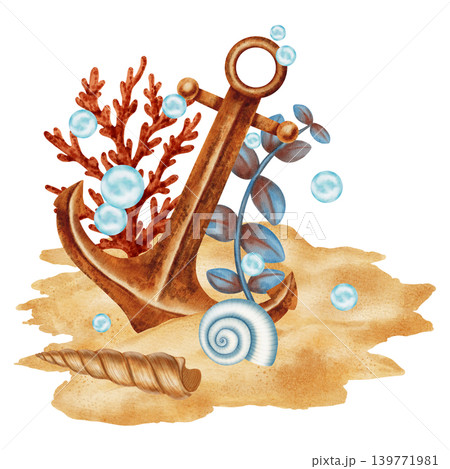 Watercolor illustration of an anchor on a sandy seabed surrounded by corals, seaweed, starfish, and shell. Underwater marine scene. Children's, nautical, sea travel themes Watercolor illustration of an anchor on a sandy seabed surrounded by corals, seaweed, starfish, and shell. Underwater marine scene. Children's, nautical, sea travel themes 139771981