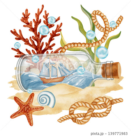 Watercolor illustration of marine compositions with ship in a bottle, treasure map, anchor, steering wheel. Bright illustrations, suitable for cheerful summer designs, textiles. Print for children's Watercolor illustration of marine compositions with ship in a bottle, treasure map, anchor, steering wheel. Bright illustrations, suitable for cheerful summer designs, textiles. Print for children's 139771983