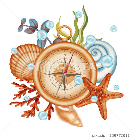 A watercolor illustration depicting a vintage compass surrounded by seashells, coral, starfish, and blue bubbles. Suitable for children, marine, and travel themes. Suitable for design, prints, postcar 139772011