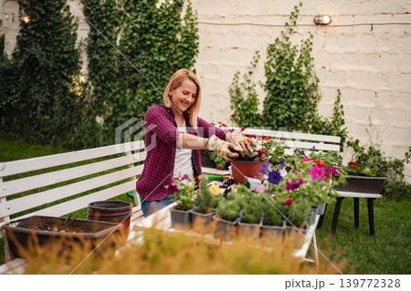 Gardening in the afternoon sun, joy in every bloom Gardening in the afternoon sun, joy in every bloom 139772328
