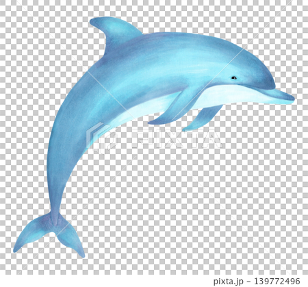 Adorable watercolor illustration sea animal dolphin character for children. International Dolphin Day. Hand-drawn underwater cartoon animal for baby shower invitations. Clip art for nursery wall art. 139772496