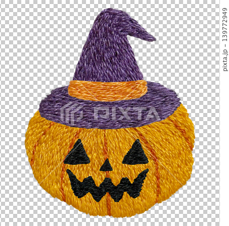 【戴萬聖節帽的幽靈南瓜】手工刺繡插畫素材 139772949