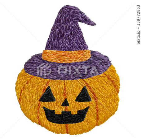 【ハロウィンの帽子をかぶったおばけカボチャ】手刺繍イラスト素材 139772953
