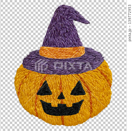 【ハロウィンの帽子をかぶったおばけカボチャ】手刺繍イラスト素材 139772953