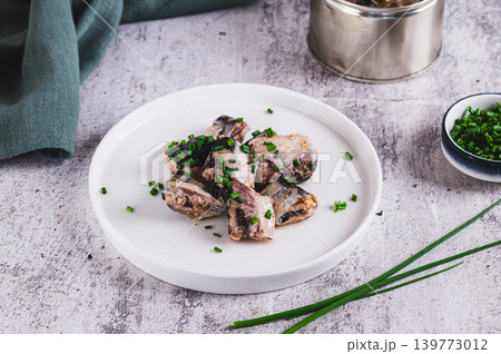Simple functional protein food canned sardines on a plate on the table Simple functional protein food canned sardines on a plate on the table 139773012