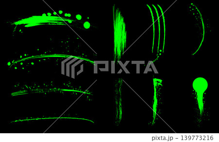 Collection of neon green grunge brush strokes, splatters, and paint marks on black background Collection of neon green grunge brush strokes, splatters, and paint marks on black background 139773216