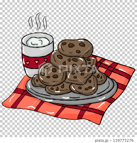 Hand draw cozy sweet food illustration featuring cookie stack and steaming cup on plaid cloth 139773276