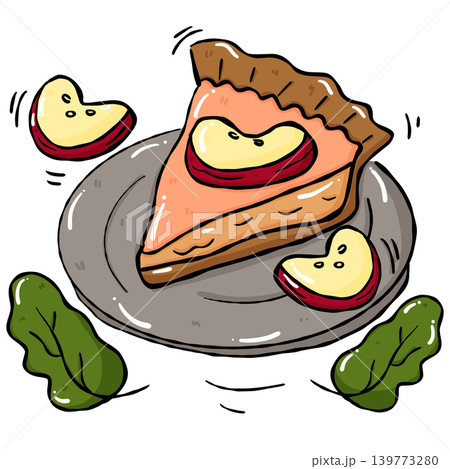 Hand draw cozy sweet food illustration of apple pie slice on plate 139773280