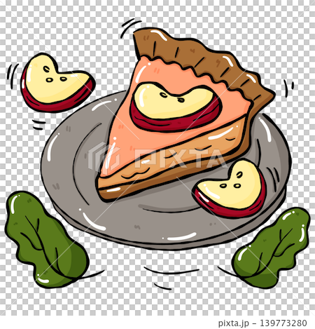 Hand draw cozy sweet food illustration of apple pie slice on plate 139773280